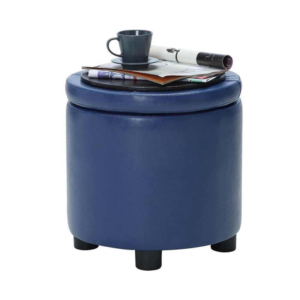 Pemberly Row Round Accent Storage Ottoman in Blue Faux Leather Fabric