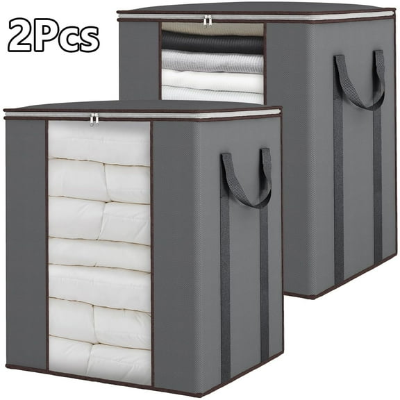 2Pcs Extra Large Blanket Storage, 120L Foldable Bedding Storage with Reinforced Handles, Clothes Storage Containers for King Comforter, Pillow, Sheet, Storage Bin with Lids