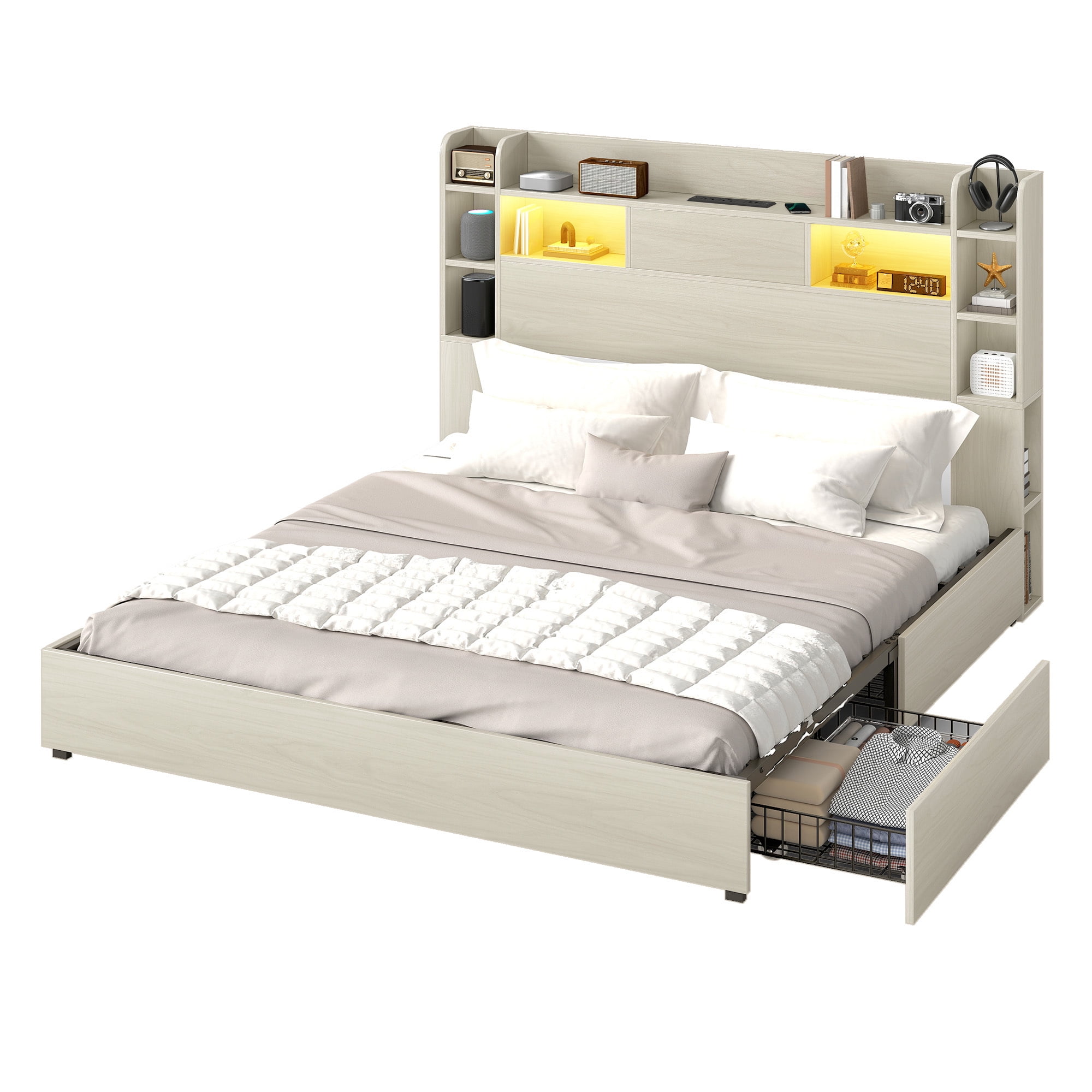 Uforic Queen Size Bed Frame with LED Lights & Bookshelf Headboard, Platform Bed Frame with Charging Station & Drawers, White