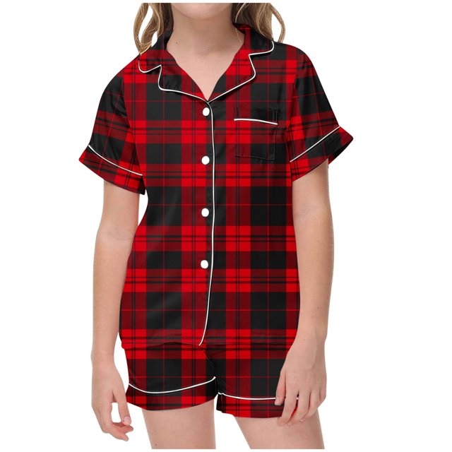 Odeerbi 2-12 Años Niños Niñas Pijama de Satén de Verano Solapa Con Muescas Camisa de Manga Corta Pantalones Cortos Suave Plaid Ropa de Dormir Conjuntos de Pijama de Dos Piezas