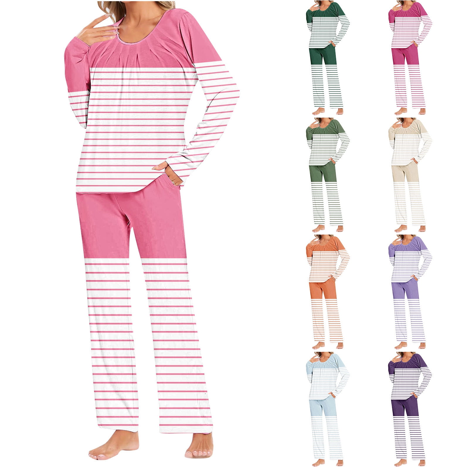 THDHVS Lounge Sets for Women Fashion Print Pajamas for Women Set Long Sleeve Pants Pjs Tops Lounge Sets Sleepwear with Pockets Pink 2XL