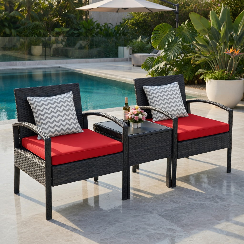 Hommoo 3-Piece Outdoor Wicker Patio Conversation Set, Rattan Chairs + Red Cushions + Tempered Glass Table for Backyard, Balcony & Poolside, Red