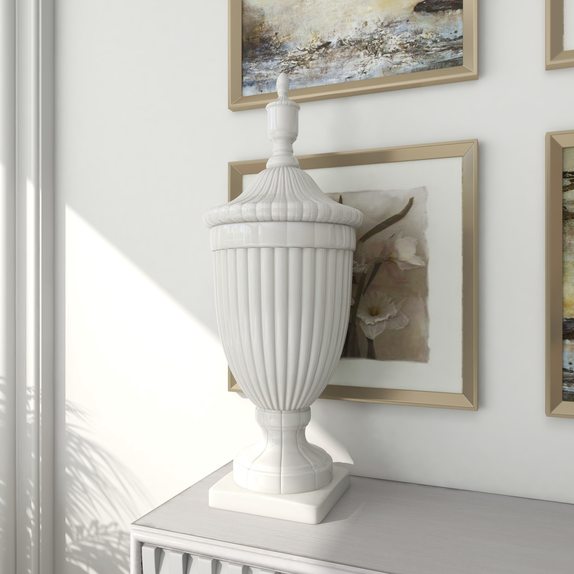 DecMode 12" x 32" White Ceramic Tall Fluted Urn Decorative Jars with Grooves and Lid, 1-Piece