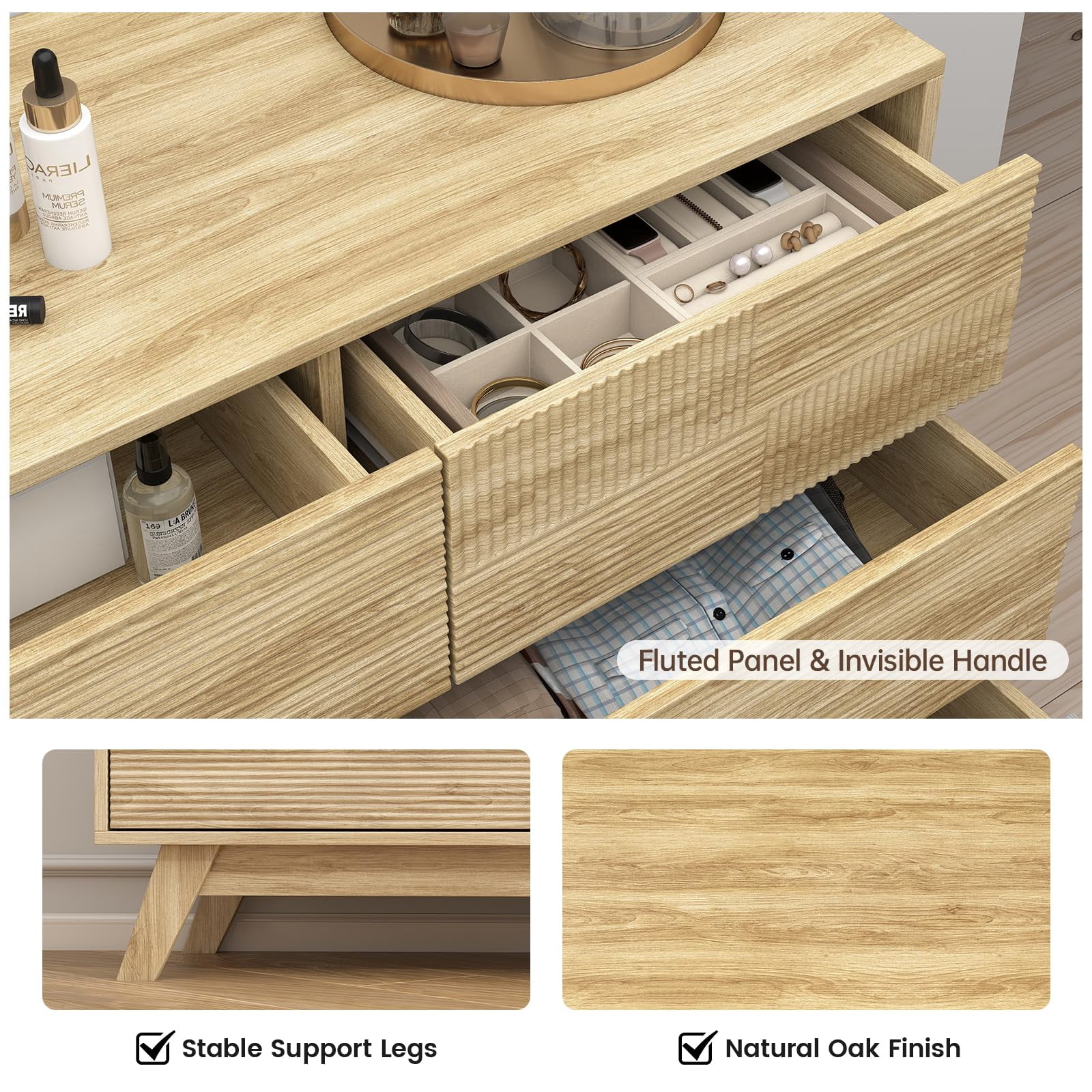 Danpinera Home 6-Drawer Dresser for Bedroom, 47” Modern Handleless Chest of Drawers, Fluted Wooden Storage Cabinet & TV Stand for Closet, Hallway, or Living Room, Natural Oak