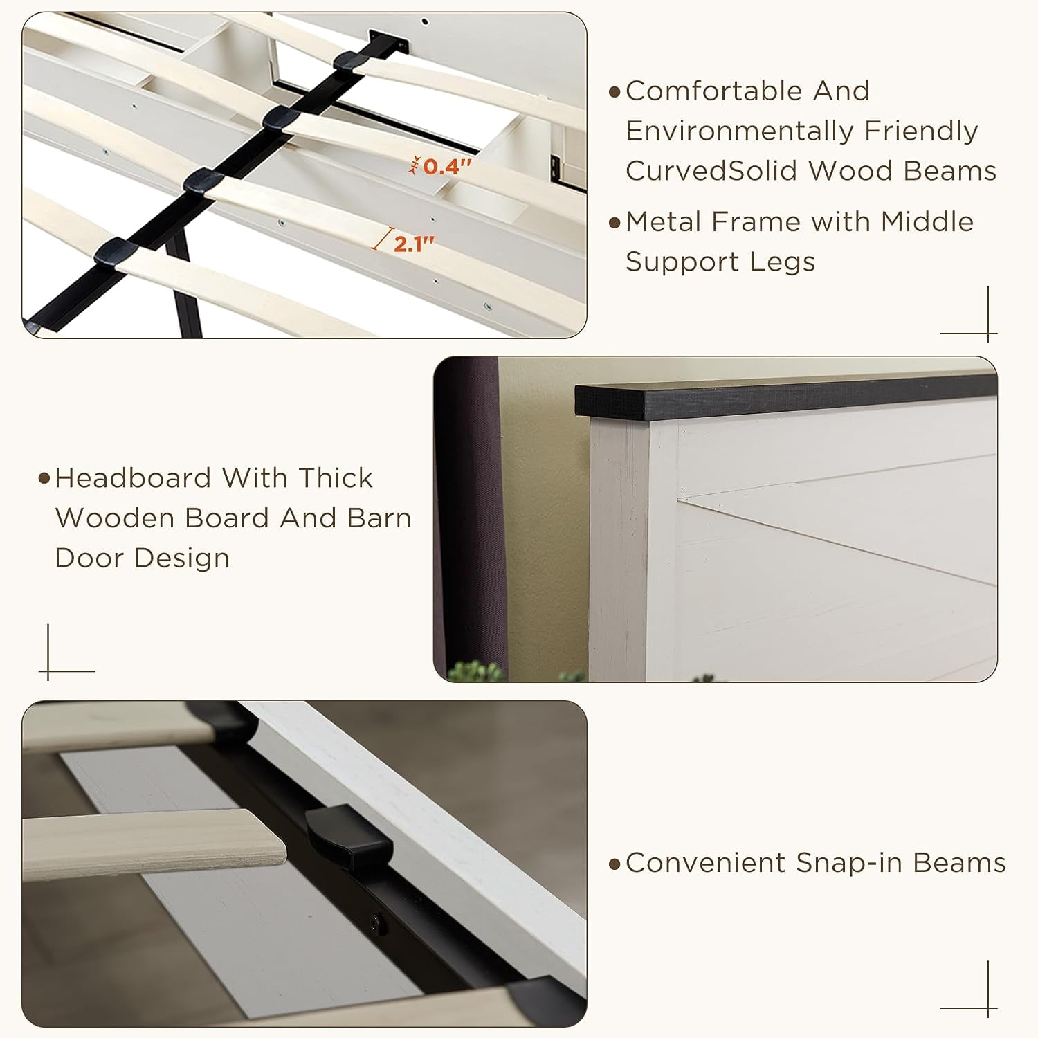 T4TREAM Farmhouse White Queen Size Platform Bed Frame with Headboard and 3 Barn Door Storage Cabinets, No Box Spring Needed, Mattress Not Included