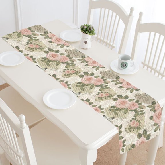 MKHERT Antique Rose Floral,Flowers in Vintage Newspaper Table Runner for Office Kitchen Dining Wedding Party Banquet 16x72 Inch
