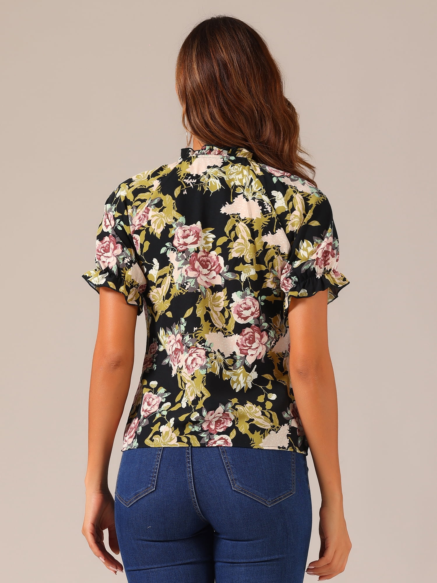 DARING DIVA Women's Floral Ruffled Neck Short Sleeves Top Blouse XS Black Red