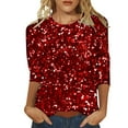 thumbnail image 1 of Tiweut Hauts Décontractés pour Femmes Mode Manches 3/4 à Sequins Col Rond Coupe Ample T-Shirts pour Femme Rouge, 1 of 4