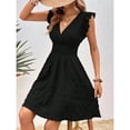 thumbnail image 3 of EASYBRA Women V Neck Pleated Mini Dress Sleeveless High Waist Summer Elegant Casual Dress, 3 of 5