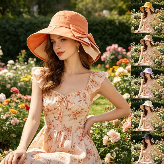 Hfnxid Women's Korean-Style Color-Block Bucket Hat with Bow, Wide-Brim Sun Cap for Face-Slimming Look, Breathable Lightweight Summer Shade Hat