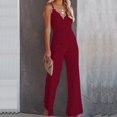 thumbnail image 2 of JFGHDG Women's Floral Eyelash Lace Deep V Neck Jumpsuit Sleeveless Double Spaghetti Straps Flare Leg Full Length Rompers Dressy One Piece Party Outfits Red L, 2 of 6