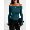 thumbnail image 4 of Women'S Off Shoulder Tops Dressy Casual Slim Fit Long Sleeves Spring Fall Blouse Going Out Shirt Peacock Green L, 4 of 8