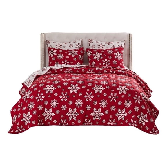 Benjara Flok 2 Piece Twin Quilt Set- Red and White Polyester- Snowflake Theme