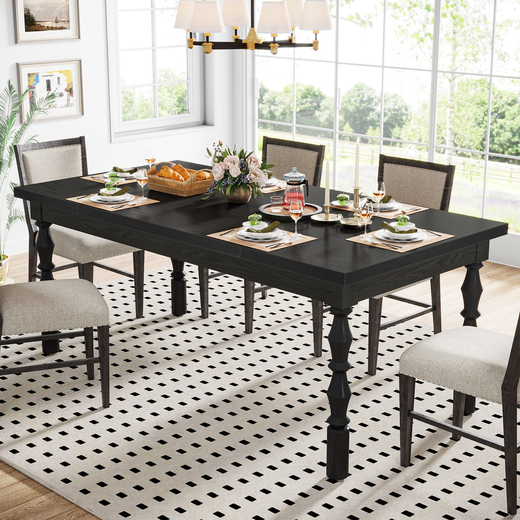 Tribesigns Dining Table, 62 in. Large Farmhouse Kitchen Table for 4-6, Rectangle Dinner Table Breakfast Table Kitchen & Dining Room Furniture with Carved Turned Legs
