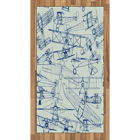 Airplane Area Rug, Old Airplane Drawings Classic Dated Flight Vintage Style Nostalgic Jets, Flat Woven Accent Rug for Living Room Bedroom Dining Room, 4' X 5.7', Royal Blue, by Ambesonne