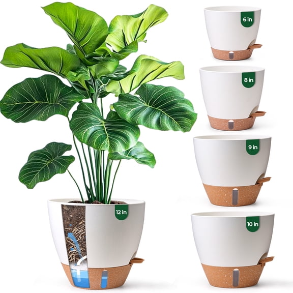 Self Watering Plant Pots for Indoor Plants, 5-Pack Large Plastic Planters with Drainage Holes & Water Reservoir | Black Planter Set by T4U