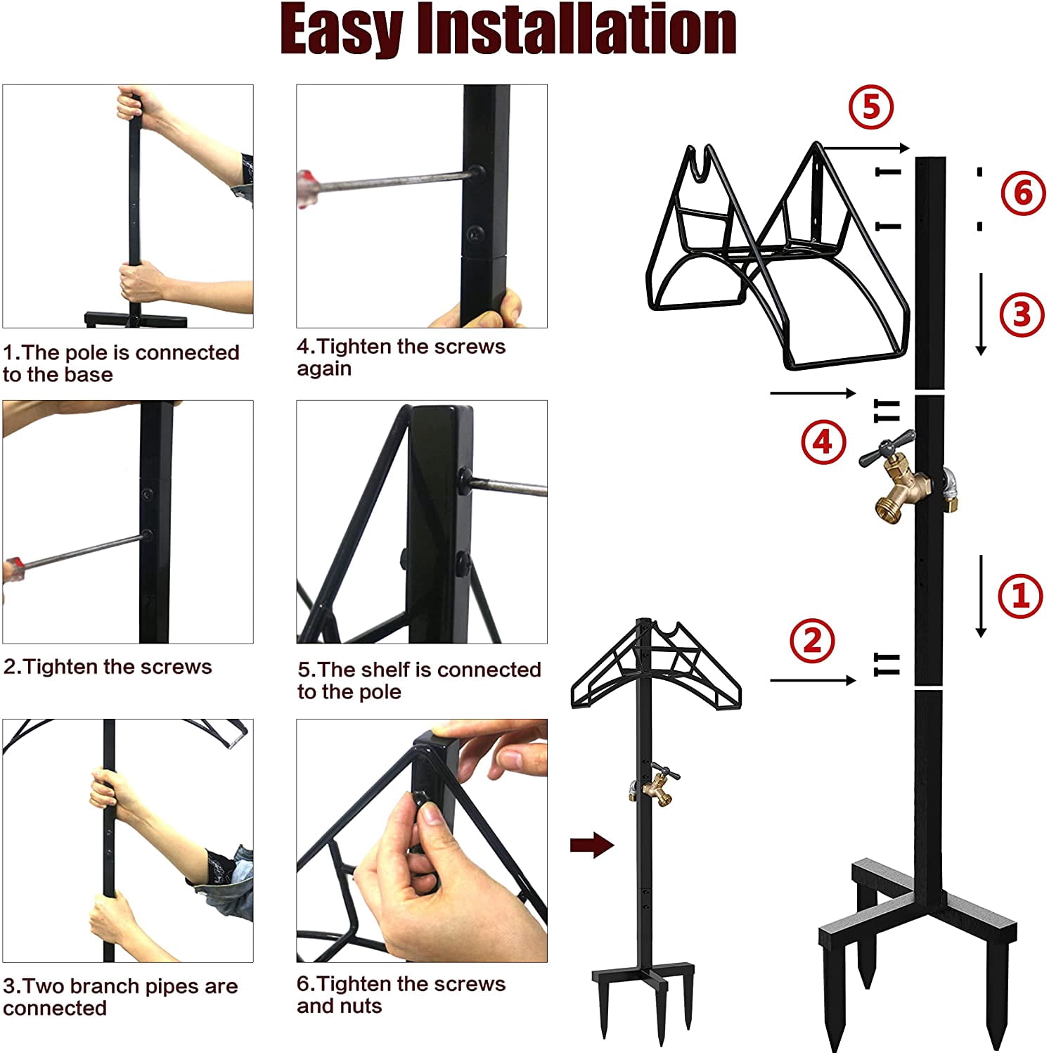 Freestanding Outdoor Garden Hose Holder Stand Nozzle With Faucet, Heavy Duty Metal Water Reel Storage Rack