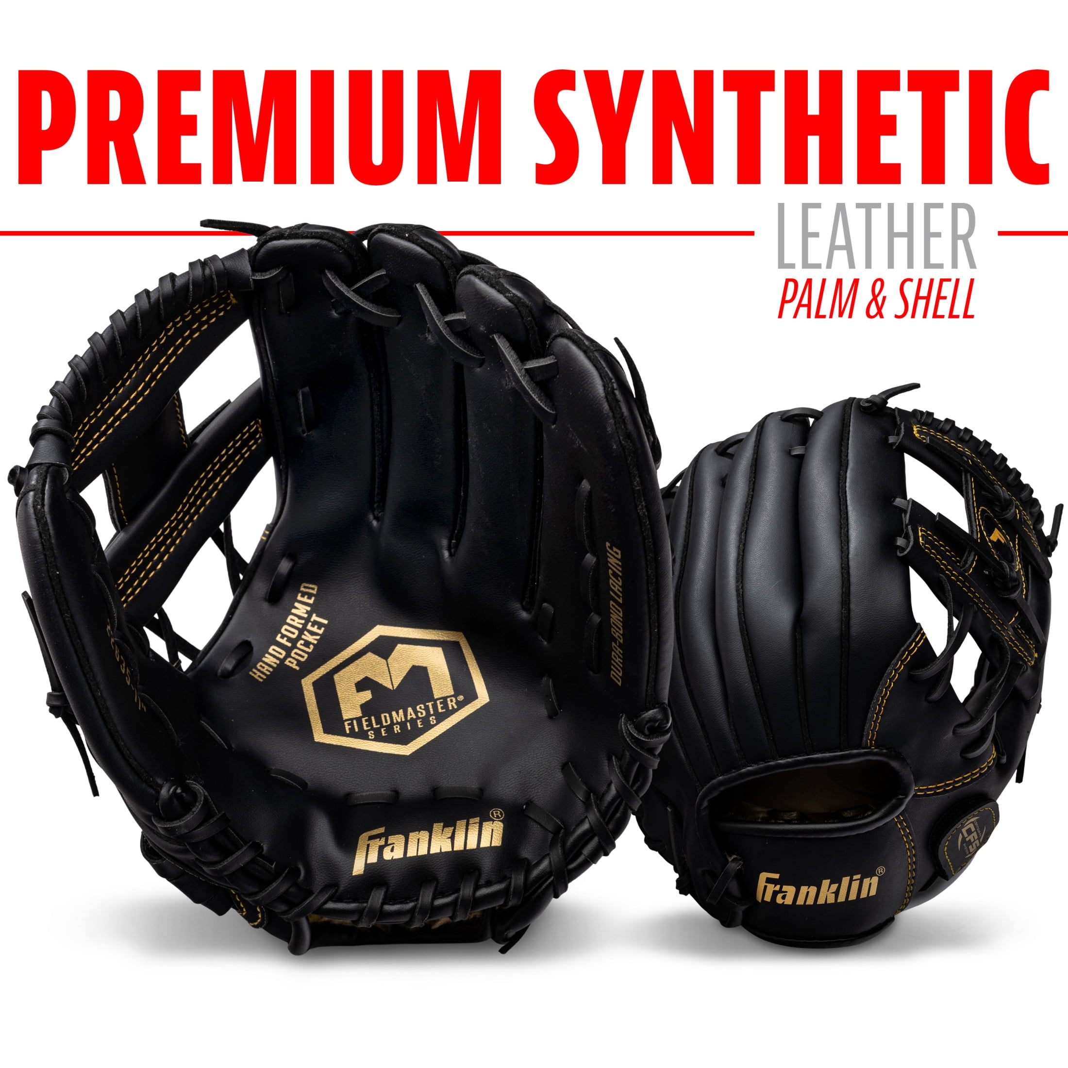 Franklin Sports Field Master Baseball + Softball Glove, 11 in, Black/Gold, Right Hand Throw