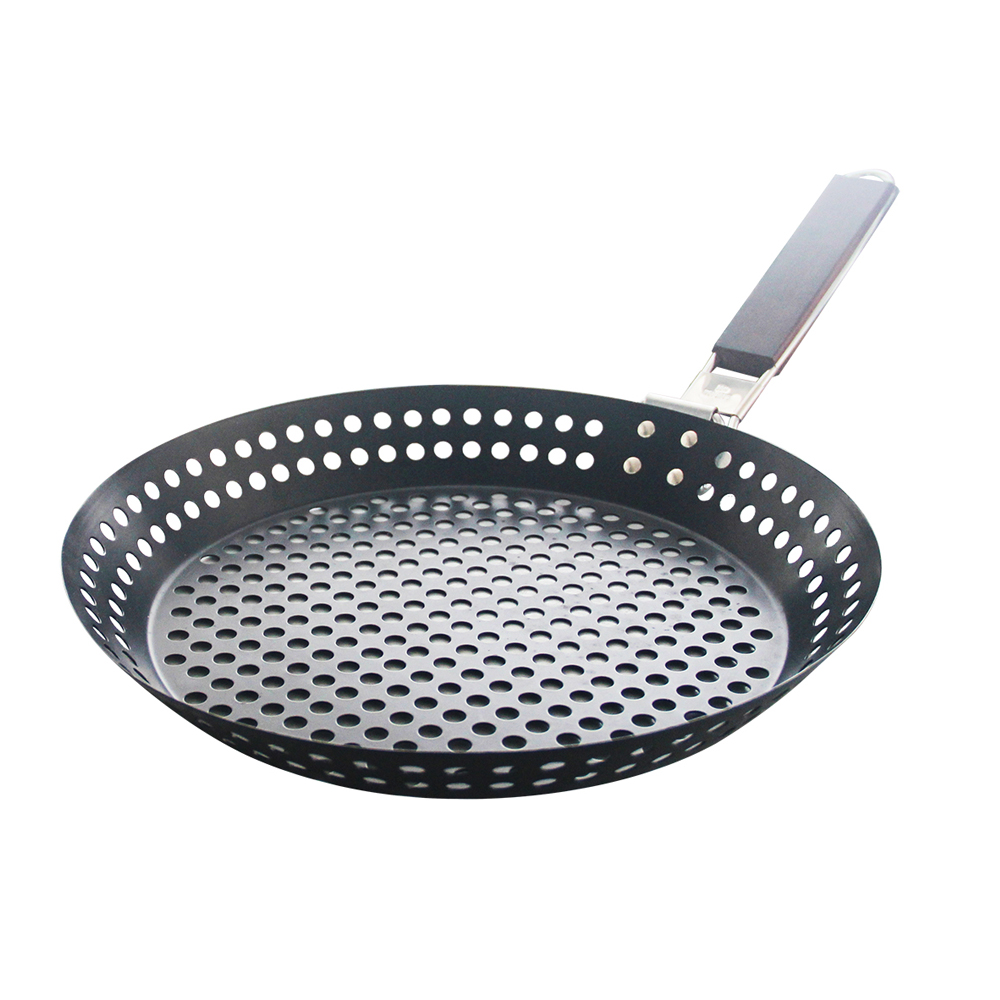 Non-stick Metal Grilling Skillet with Folding Wooden Handle Grill Skillet  Pan with Holes Removable Handle for Outdoor Grill Topper Barbecue Pan for  Vegetables Seafood Meat