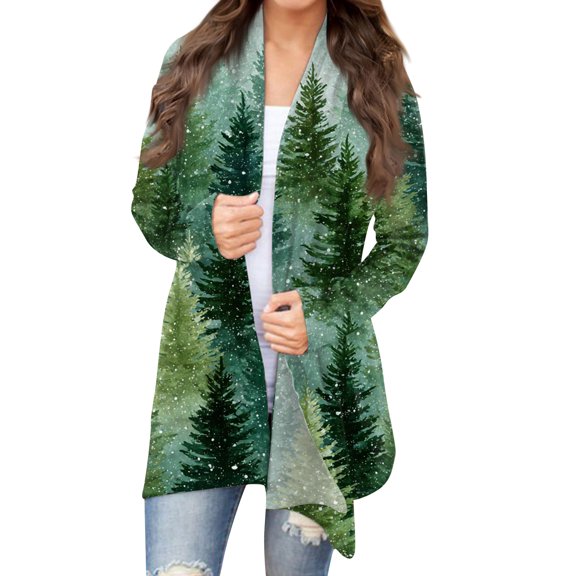 Women's Fashion Christmas Print Jacket, Long Sleeve Casual Cardigan Coat for Everyday Wear and Comfortable Outfits,Green,M