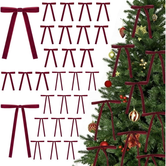 30 Pcs Velvet Bows for Christmas Tree, 5 x 7 Inch Vintage Rustic Christmas Ribbon Bows Ornaments for Tree Garland Wreath Gifts Outdoor Indoor Xmas Home Decorations(3/8'' Wide   5/8'' Wide)