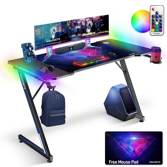IMGadgets Z-Shaped Gaming Desk with Dynamic LED lighting & Durable Mouse Pad | 47"x24" Carbon Fiber Surface | 80 kg Load Capacity | Cup Holder | Headphone Hook | Ultimate Gaming Experience