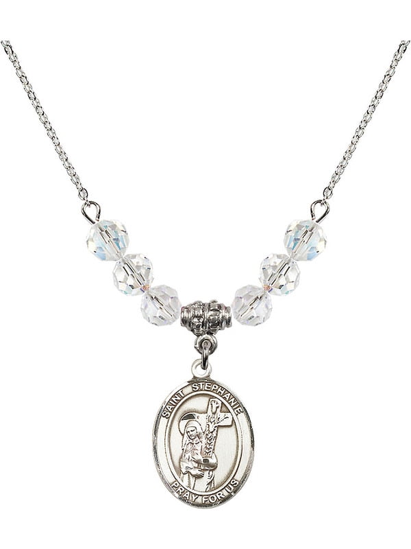 18-Inch Rhodium Plated Necklace with 6mm Topaz Birthstone Beads and Sterling Silver Saint Stephanie Charm. 