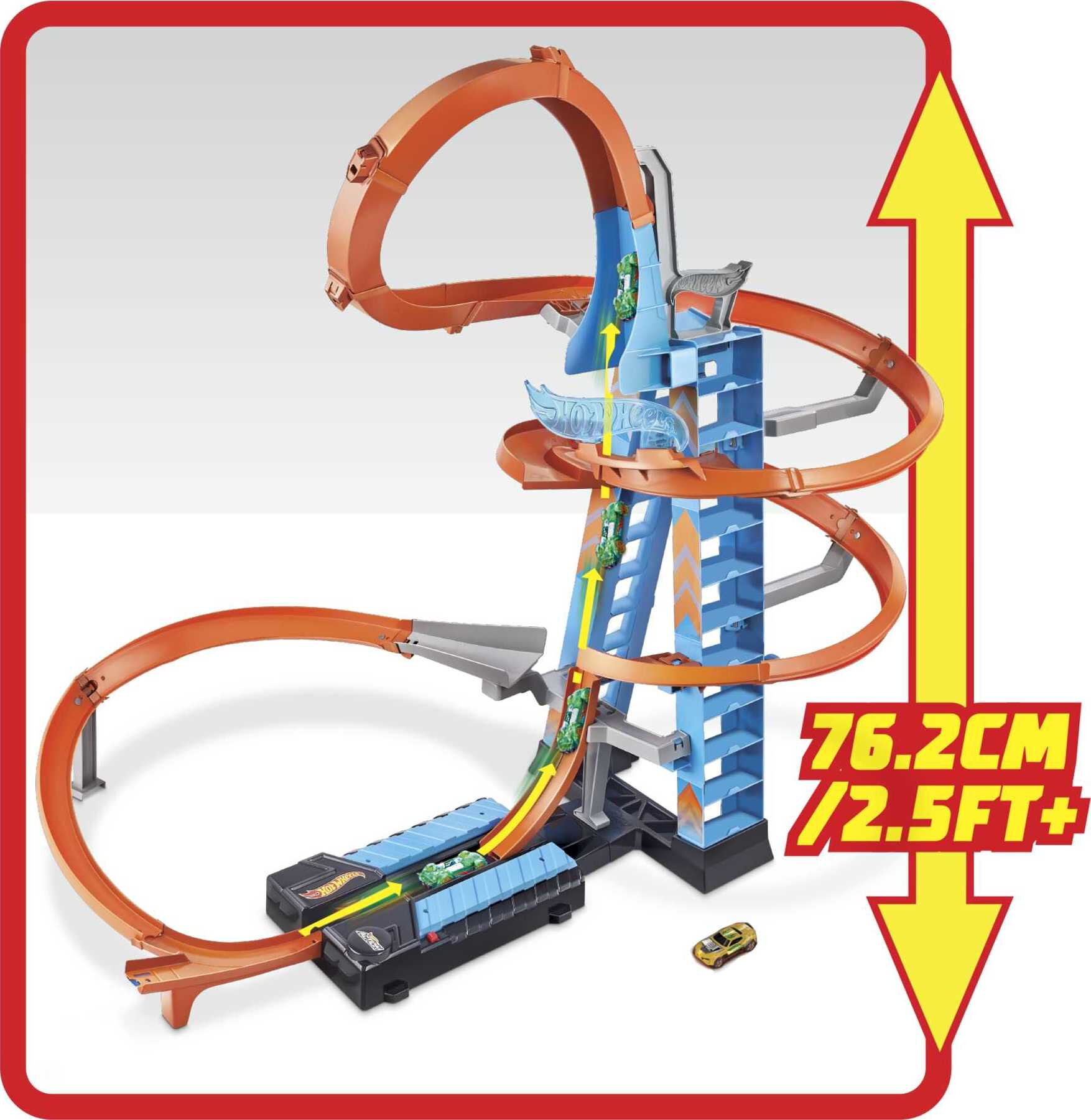 Hot Wheels Sky Crash Tower Motorized Track Set with Car, Stores 20+ 1