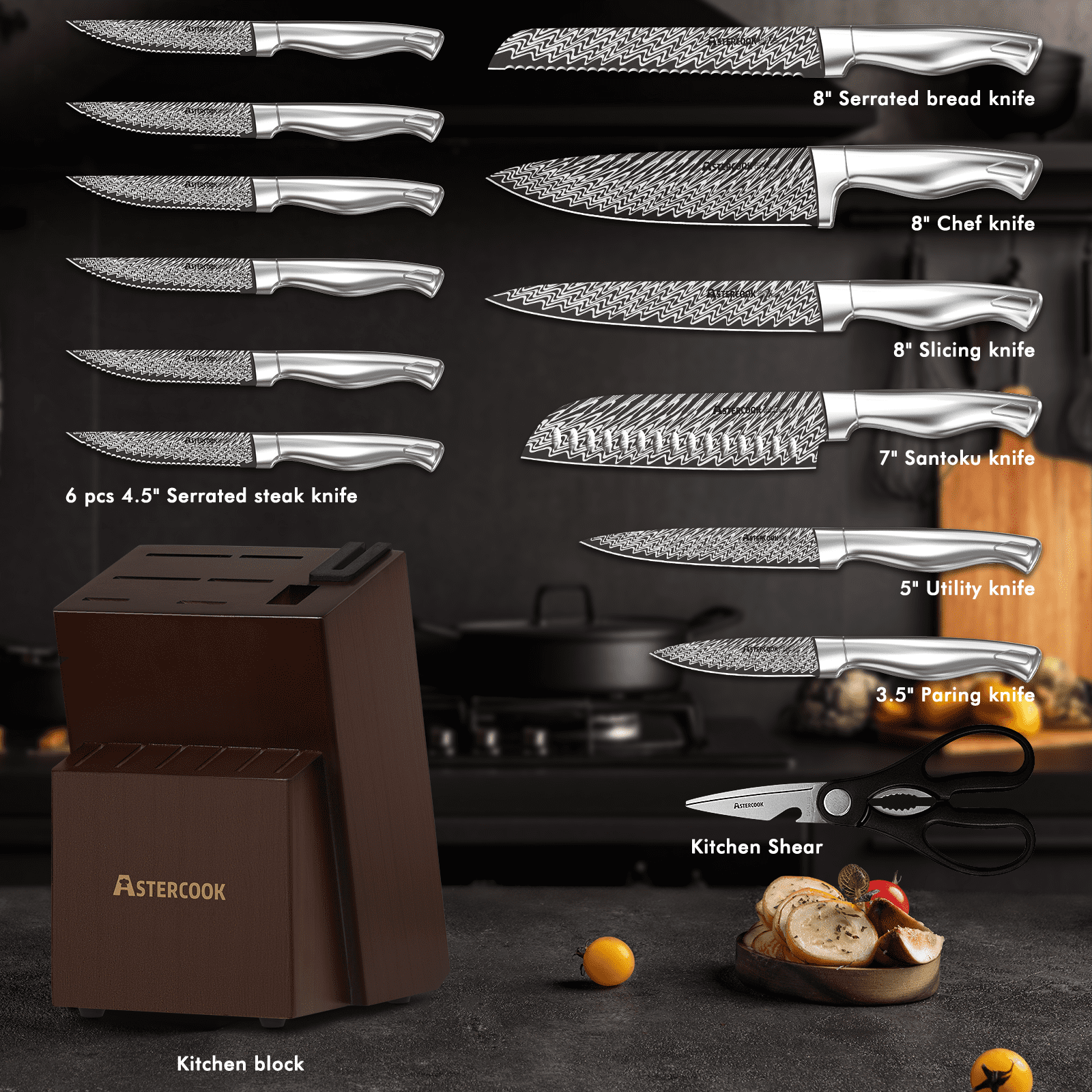 Astercook 14 Piece Kitchen Knife Set with Block and Builtin Sharpener,  Full Tang Knives Sets German(图3)