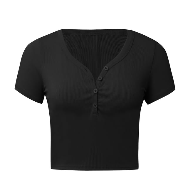 Womens T Shirt Ladies Short Sleeve Basic V Neck Cute Summer Tops Button Down Slim Fit Oversized Tshirts Women Black XL