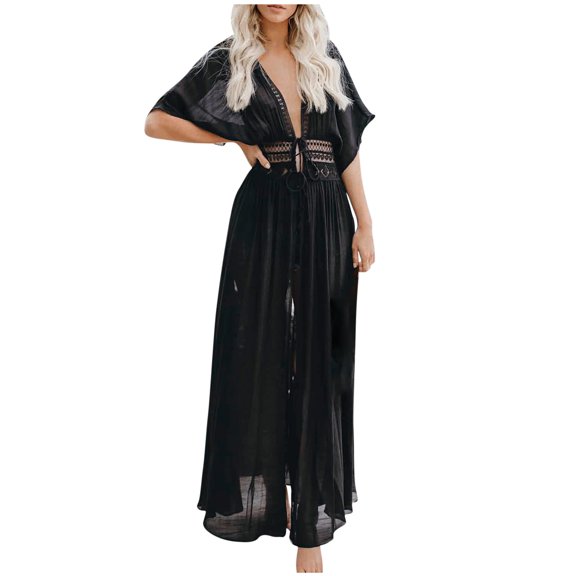 AOOCHASLIY Clarance Dresses for Women 2022Women Solid Beach Kaftan Long Cover Up Gown Deep V-Neck Hollow Out Perspective Bandage Dress