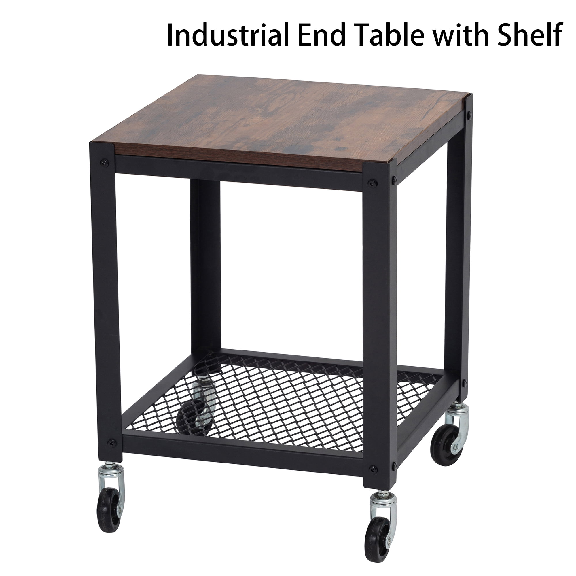 Industrial End Table, 16 Inch 2 Tiers Side Table with Wheels, Brown