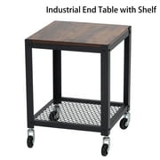 Industrial End Table, 16 Inch 2 Tiers Side Table with Wheels, Brown & Black