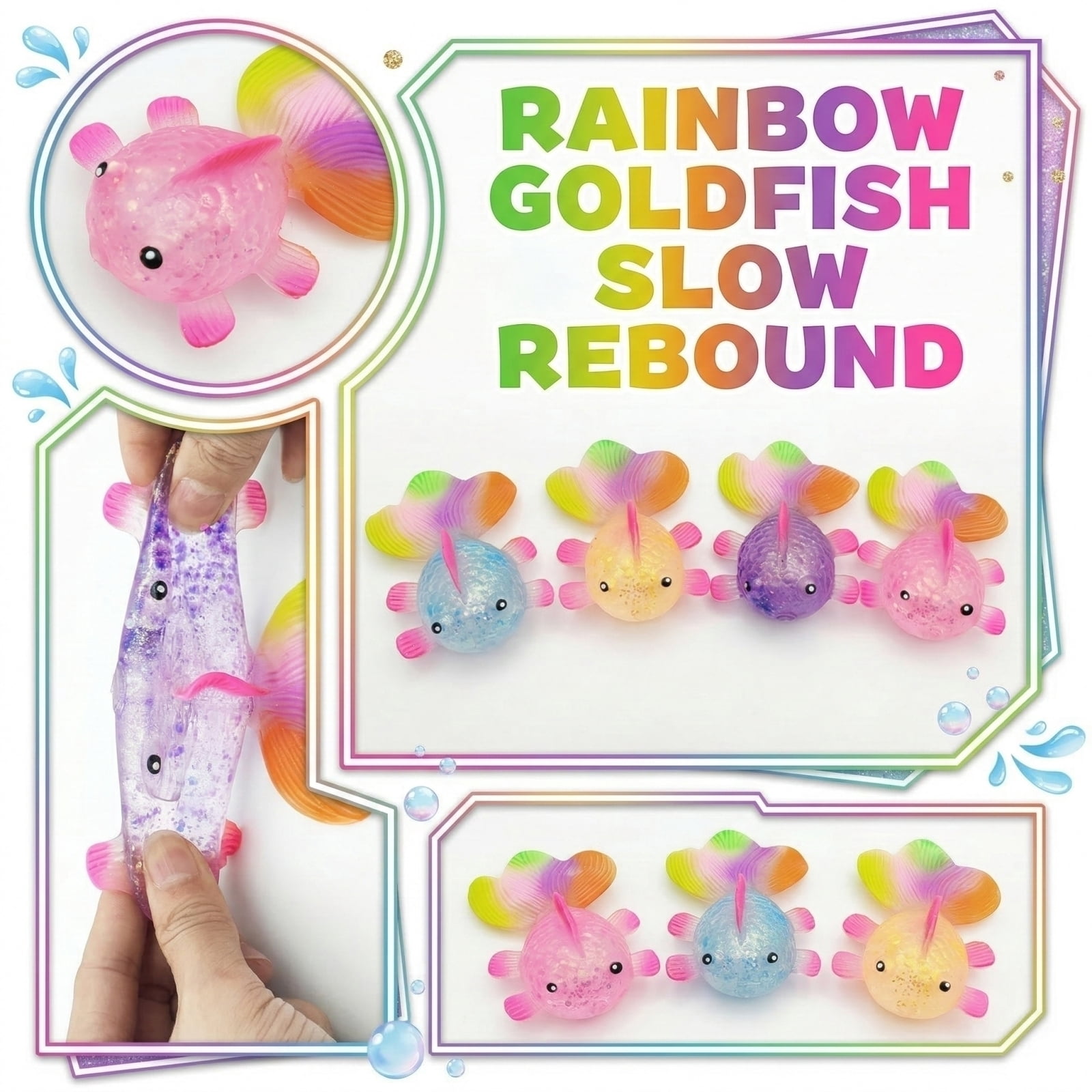 Rainbow Goldfish Squeeze Toys 4 Pack, Glitter Fish Sensory Fidget Toys for Office Desk Relaxation and Portable Daily Stress Relief