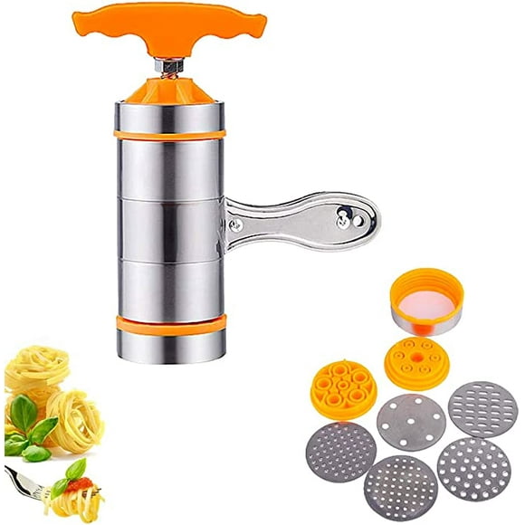 A manual pasta maker, manual pasta press, manual pasta maker, stainless steel pasta maker with 7 manual pasta molds,Dimensions; 18*14**6cm