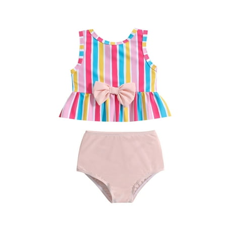 

BeQeuewll Toddler Girl Two Piece Swimsuits Sleeveless Round Neck Striped Print Tops Bikini Bottom Set
