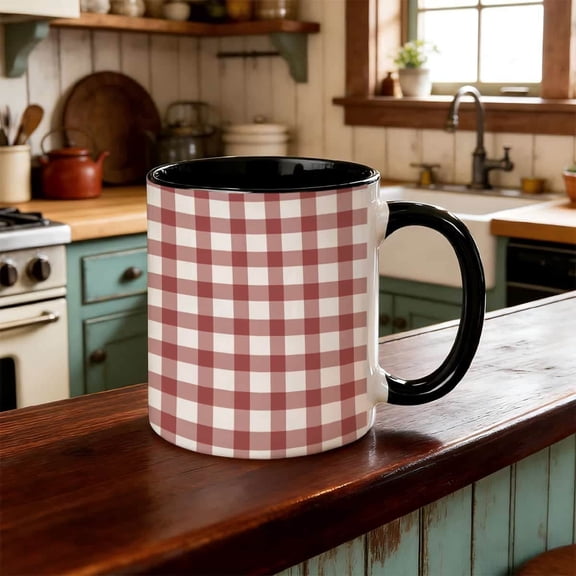 11Oz Ceramic Mug - Red And White Checkered Coffee Cup