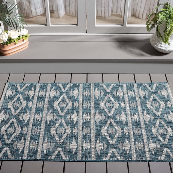 SAFAVIEH Courtyard April Geometric Indoor/Outdoor Area Rug, Teal/Grey, 2'7" x 5'