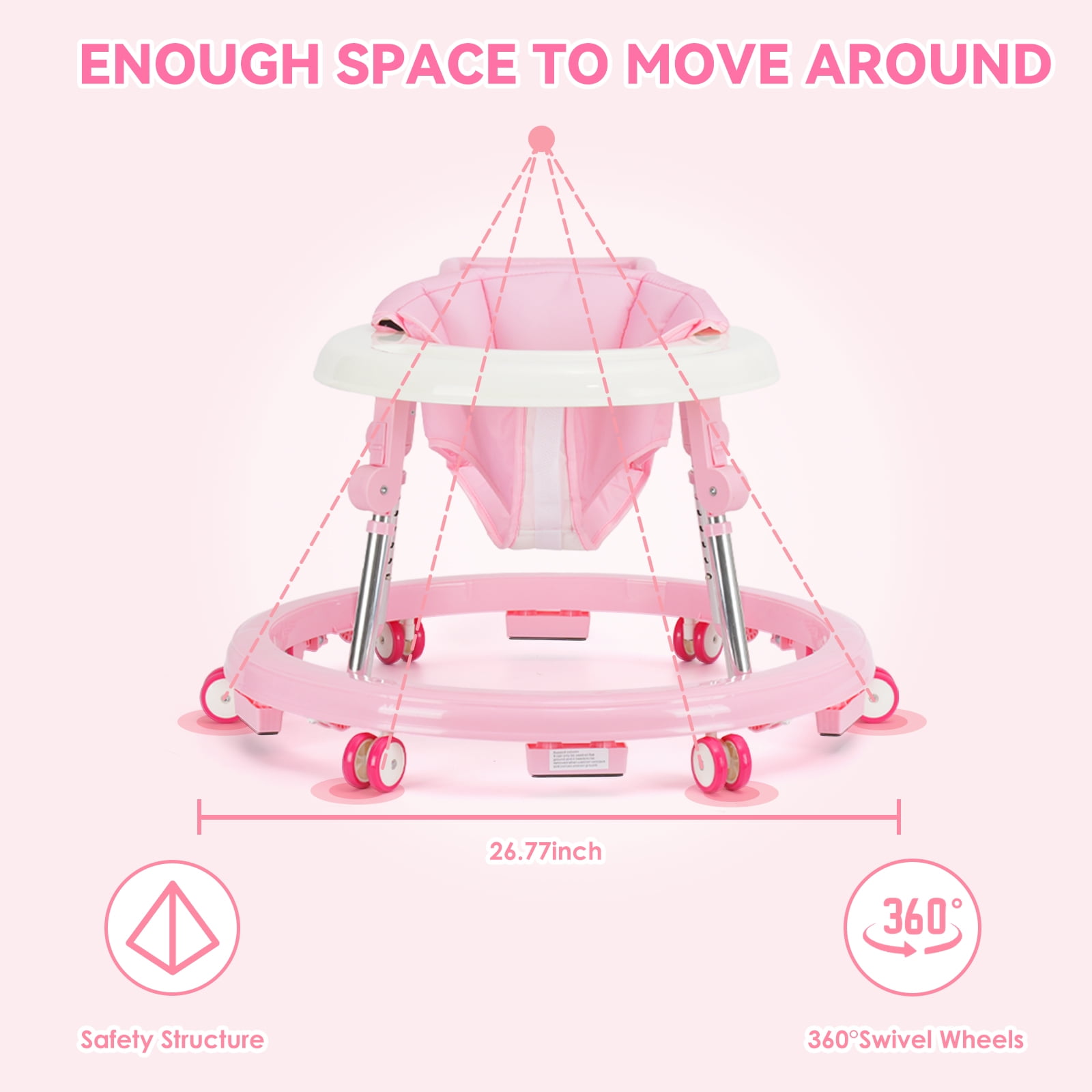 Baby Walker for 6-18 Months - One-Touch Foldable Design, 9 Adjustable Heights, Non-Slip Wheels with Removable Activity Tray, pink
