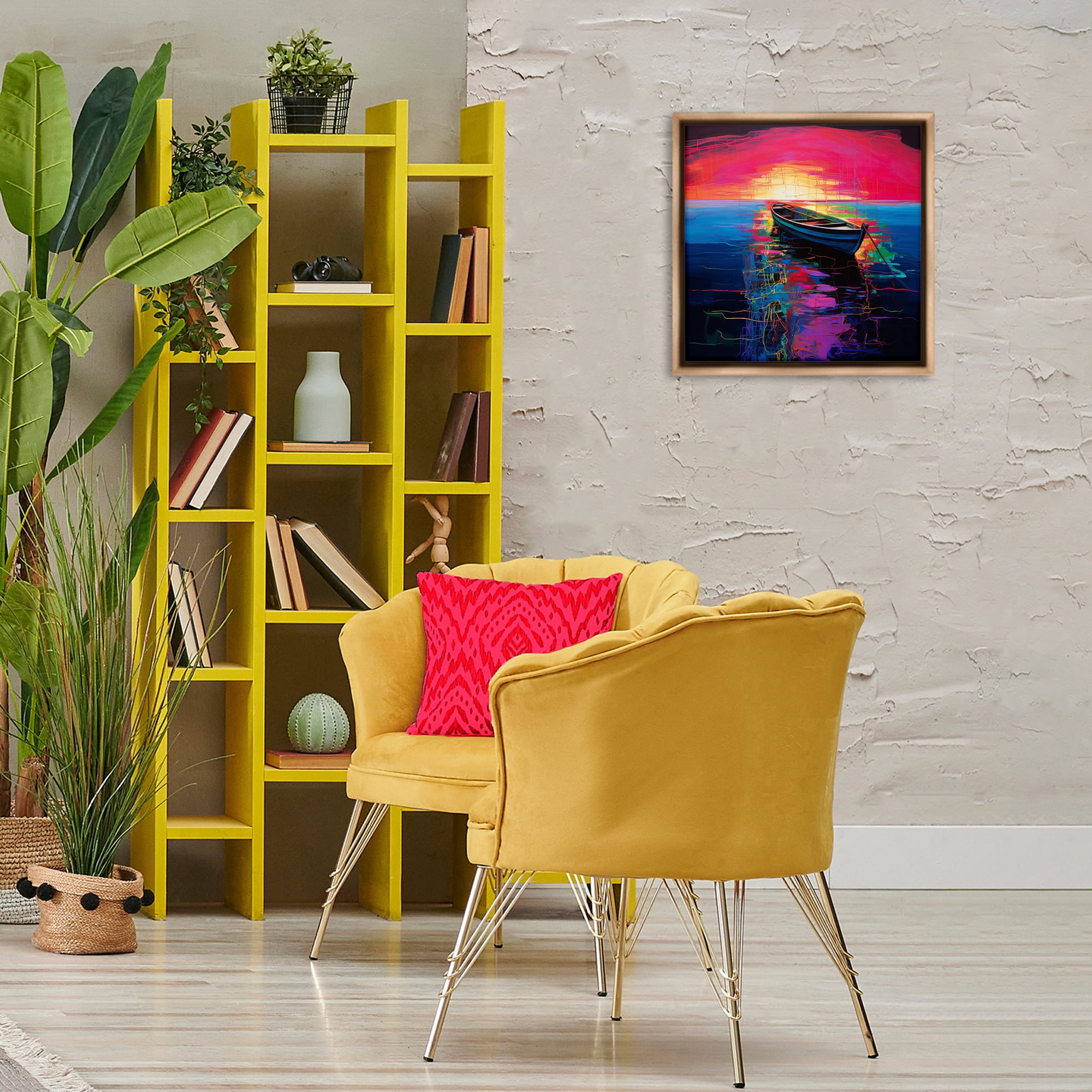 Stupell Industries Boat in Bold Sunset Transportation Painting Brown Floater Framed Canvas Art Print Wall Art, 18 x 18