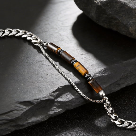 VNOX Stainless Steel Cuban Box Chain Tiger Eye Bead Bracelet for Men, Silver Gift Jewelry