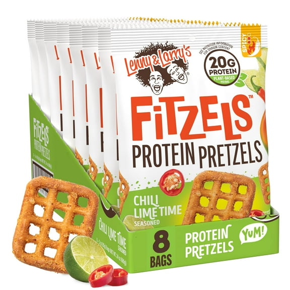 Lenny & Larry's FITZELS YYF14 Protein Pretzels (Chilli Lime 8 Individual Bags 3 oz Each - High Protein Snacks with 20g of Plant Based Protein - Healthy Vegan Pretzels - Delicious Salty Taste