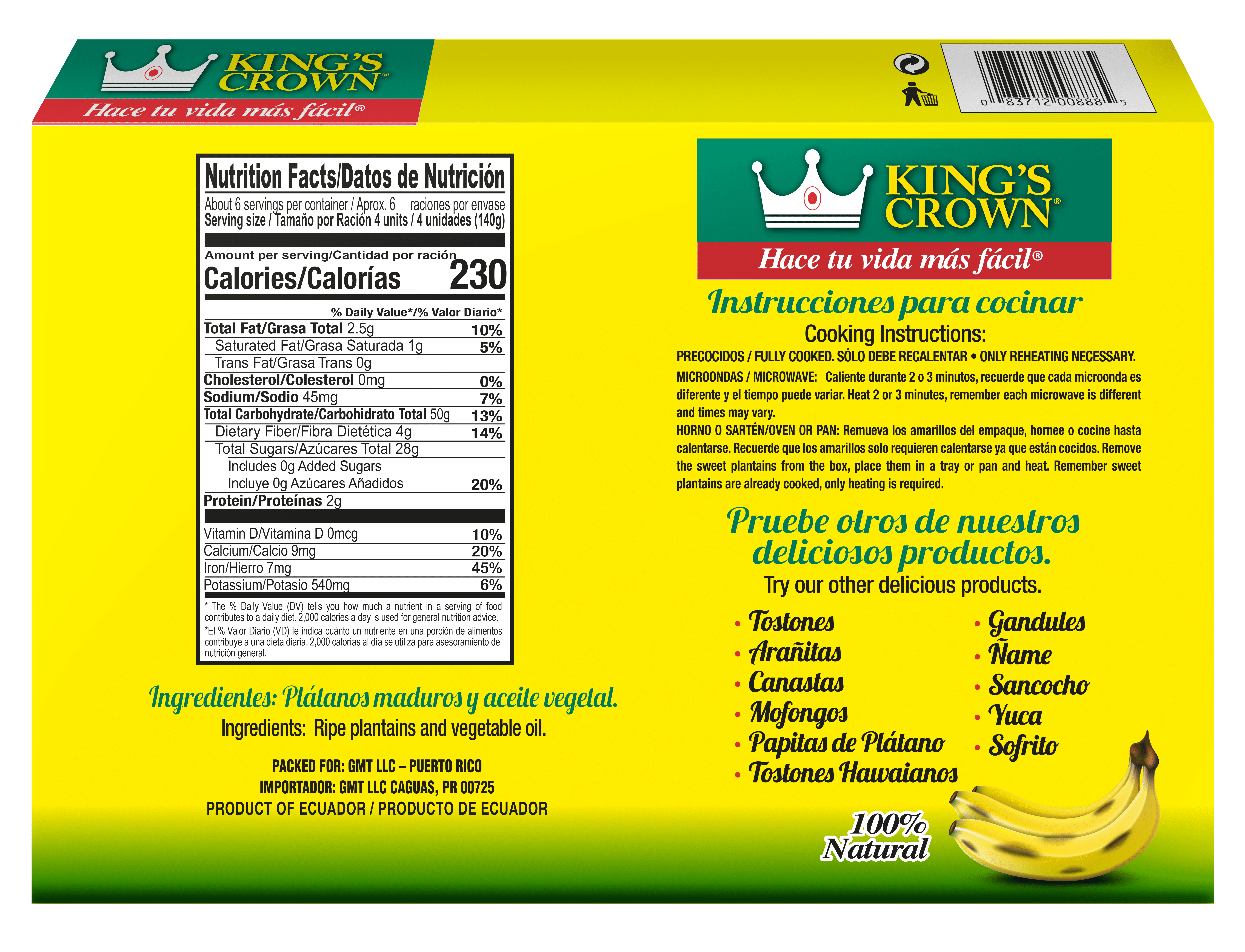 King's Crown, Sweet Plantain Slices, Amarillos, 2 lbs Carton Box (Frozen)