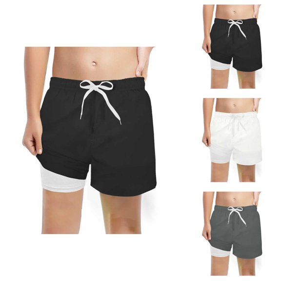 Boys Swim Trunks with Compression Liner Solid Color Beach Shorts Drawstring Elastic Waist Quick Dry Boys Swimwear