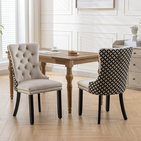Auranook Set of 2 Velvet Upholstered Dining Chairs - Premium Solid Wood Legs, Nailhead Trim,Beige
