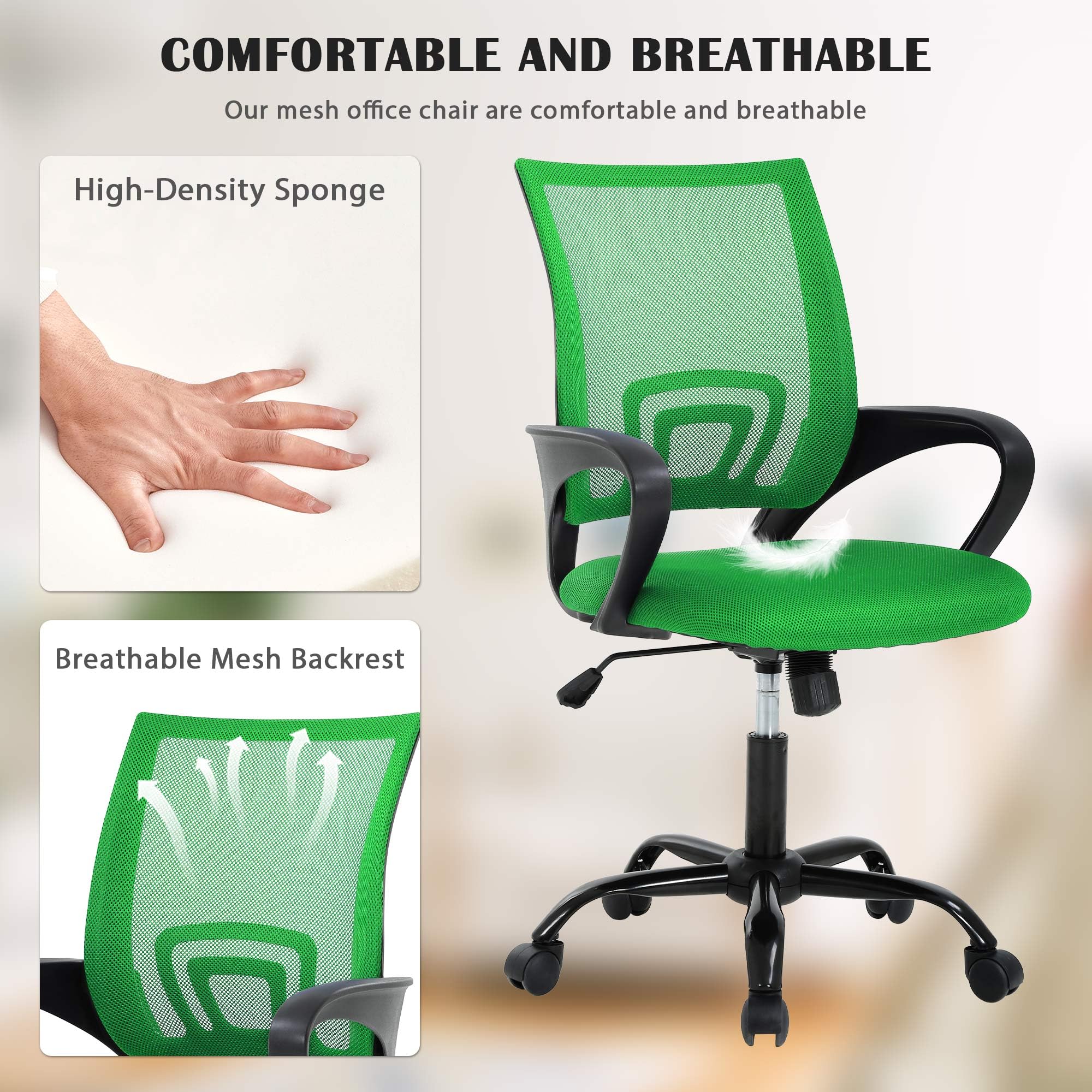 CL.HPAHKL Ergonomic Office Chair Set of 2, Mesh Computer Desk Chair with Mid-Back Support & Armrests, Adjustable Height Swivel Task Chair for Home Office, Study, Gaming, Green