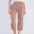 thumbnail image 7 of Capri Pants for Women Spring Summer Cotton Linen Straight Wide Leg Loose Drawstring Elastic Waist Cropped Trouser Light pink XL, 7 of 7