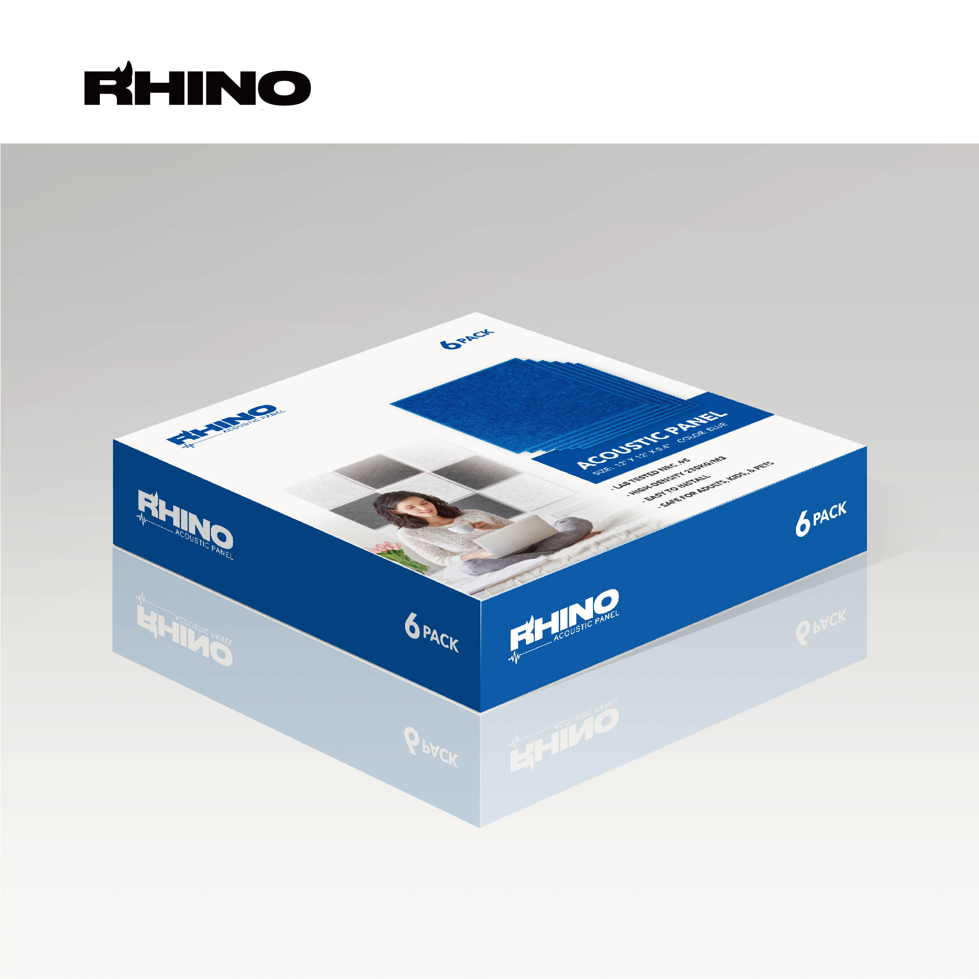RHINO Acoustic Panel Blue 12" x 12" x 0.4" NRC Sound Bass Isolation 6 Pieces Beveled Edges