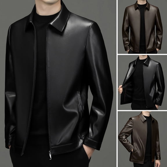 BAETEUY Men Jacket, Lapel, Long Sleeve, Zipper Placket, Regular Fit, Coat, Solid Color, Short Style, Faux Leather, Jacket, Casual, Street, Outwear