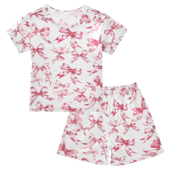 joogoo Bows Pink Pattern Pajama Sets Short Sleeve Cotton 2-Piece Sleepwear 10Y
